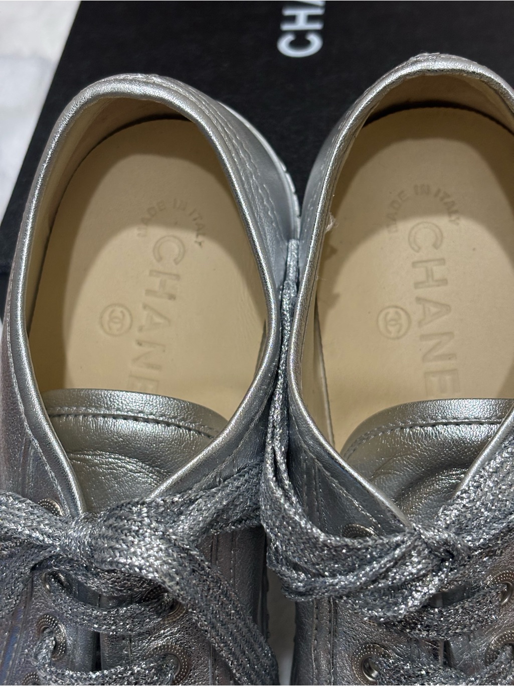 Chanel Metallic Silver Leather Lace-Up Sneakers